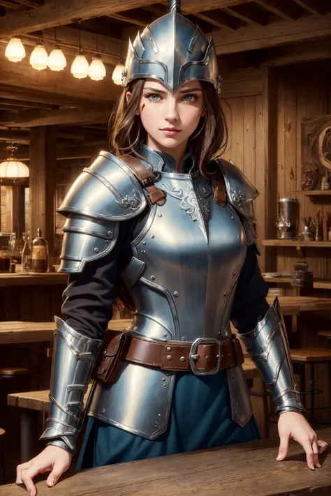 (skindentation:1.5), realistic, photorealistic, (masterpiece:1.5), concept art, intricate details, highly detailed, octane render, 8k, unreal engine, dynamic pose, best quality, highres, ((dramatic)), epic, depth of field, 8k, particles, (realistic face:1.1, hyperrealistic:1.1), ((1girl, close-up, medium breasts, perfect eyes, detailed eyes, high quality eyes, perfect_face, high quality face, shiny skin:1.2, shiny face:1.2, embarrassed, blush:0.8)), server, rustic tavern interior in background, pitcher, sign, jovial fantasy atmosphere, detailed background, blurry wooden bar table as foreground, (((brown hair, amber eyes, perfect hands))), ((warrior, sword, spear, shield, armor, helmet, belt, pouch, boots, gauntlet, cloak, bracers, amulet, greaves, war paint, talisman))