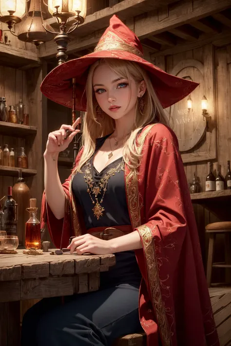 (skindentation:1.5), Realistic, Photorealistic, (masterpiece:1.5), concept art, intricate details, highly detailed, photorealistic, octane render, 8k, unreal engine, dynamic pose, best quality, highres, ((dramatic)), epic, depth of field, 8k, particles, (realistic face:1.1), (hyperrealistic:1.1), ((1girl, full_body)), ((detailed eyes, high quality face, looking at viewer, sexy lips, medium breasts, blush:0.8, sweat)), ((server, rustic tavern interior in background, pitcher, sign, jovial fantasy atmosphere, detailed background, wine bottle, potion bottle, herbs, wooden table, wooden chair, barrel, dark, blurry foreground)), (((blonde hair, scarlet eyes, perfect hands))), (magic, mage, wizard, high wizard, sorcerer, big wizard hat, extremely intricate robes, wearing red cloak, glowing scarlet earrings, glowing scarlet necklace, (magic staff))