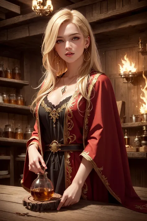 (skindentation:1.5), Realistic, Photorealistic, (masterpiece:1.5), concept art, intricate details, highly detailed, photorealistic, octane render, 8k, unreal engine, dynamic pose, best quality, highres, ((dramatic)), epic, depth of field, 8k, particles, (realistic face:1.1), (hyperrealistic:1.1), ((1girl, full_body, sexy lips, medium breasts)), ((perfect eyes, detailed eyes, high quality eyes, perfect_face, high quality face, shiny skin:1.2, shiny face:1.2, blush:0.8)), ((dark place, server, rustic tavern interior in background, pitcher, sign, jovial fantasy atmosphere, detailed blurry background, potion bottle, herbs, wooden table, blurry foreground)), (((hairstyle, long blonde hair, red eyes, perfect hands))), (magic, mage, wizard, high wizard, sorcerer, extremely intricate robes, wearing red cloak, scarlet earrings, scarlet necklace), (controlling fire made out of Style-SwirlMagic:1)