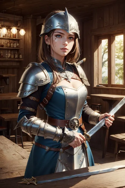 (skindentation:1.5), realistic, photorealistic, (masterpiece:1.5), concept art, intricate details, highly detailed, octane render, 8k, unreal engine, dynamic pose, best quality, highres, ((dramatic)), epic, depth of field, 8k, particles, (realistic face:1.1, hyperrealistic:1.1), ((1girl, close-up, medium breasts, perfect eyes, detailed eyes, high quality eyes, perfect_face, high quality face, shiny skin:1.2, shiny face:1.2, embarrassed, blush:0.8)),  server, rustic tavern interior in background, pitcher, sign, jovial fantasy atmosphere, detailed  background, blurry wooden bar table as foreground, (((brown hair, amber eyes, perfect hands))), ((warrior, sword, holding sword,  spear, holding polearm,  shield, armor, helmet, belt, pouch, boots, gauntlet, cloak, bracers, amulet, greaves, war paint, talisman))