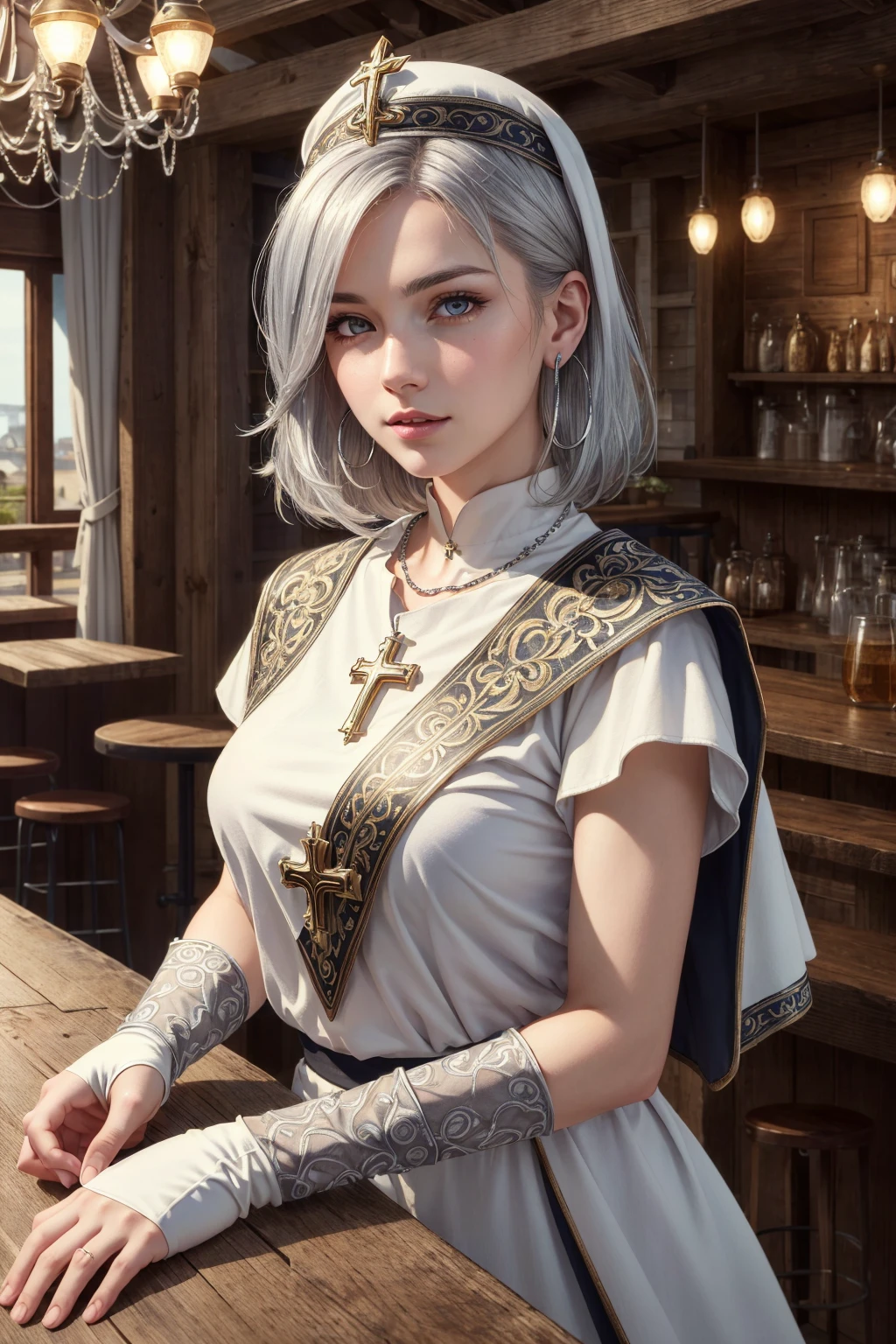 (skindentation:1.5), realistic, photorealistic, (masterpiece:1.5), concept art, intricate details, highly detailed, photorealistic, octane render, 8k, unreal engine, dynamic pose, best quality, highres, ((dramatic)), epic, depth of field, 8k, particles, (realistic face:1.1, hyperrealistic:1.1), ((1girl, close-up, small breasts, perfect eyes, detailed eyes, high quality eyes, perfect_face, high quality face, shiny skin:1.2, shiny face:1.2, embarrassed, blush:0.8)), server, rustic tavern interior in background, pitcher, sign, jovial fantasy atmosphere, detailed background, blurry wooden bar table as foreground, (((silver hair, perfect hands))), ((cleric, priest, high priest, white mitre, cross print on white tabard, elbow gloves, pelvic curtain, earrings, necklace))