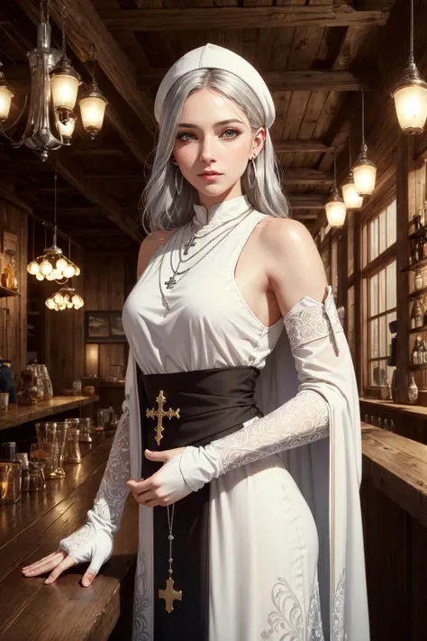 (skindentation:1.5), realistic, photorealistic, (masterpiece:1.5), concept art, intricate details, highly detailed, photorealistic, octane render, 8k, unreal engine, dynamic pose, best quality, highres, ((dramatic)), epic, depth of field, 8k, particles, (realistic face:1.1, hyperrealistic:1.1), ((1girl, close-up, small breasts, perfect eyes, detailed eyes, high quality eyes, perfect_face, high quality face, shiny skin:1.2, shiny face:1.2, embarrassed, blush:0.8)), server, rustic tavern interior in background, pitcher, sign, jovial fantasy atmosphere, detailed background, blurry wooden bar table as foreground, (((silver hair, perfect hands))), ((cleric, priest, high priest, white mitre, cross print on white tabard, elbow gloves, pelvic curtain, earrings, necklace))