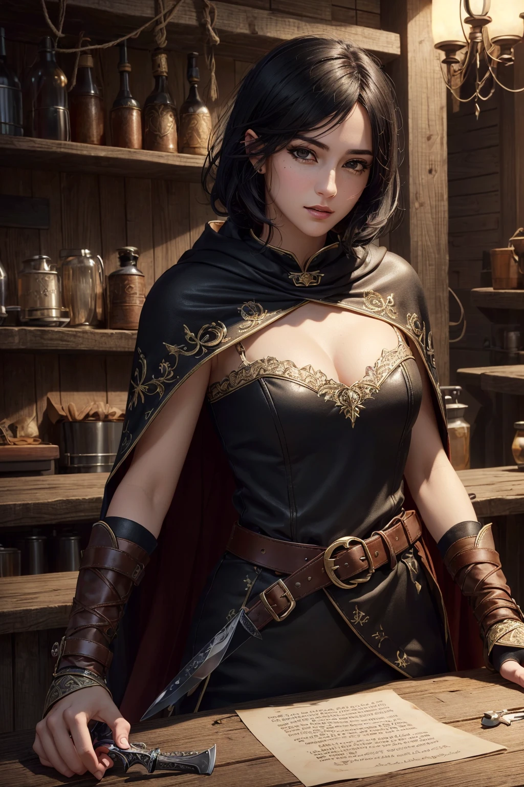 (skindentation:1.5), realistic, photorealistic, (masterpiece:1.5), concept art, intricate details, highly detailed, octane render, 8k, unreal engine, dynamic pose, best quality, highres, ((dramatic)), epic, depth of field, 8k, particles, (realistic face:1.1, hyperrealistic:1.1), ((1girl, close-up, medium breasts, perfect eyes, detailed eyes, high quality eyes, perfect_face, high quality face, shiny skin:1.2, shiny face:1.2, embarrassed, blush:0.8)), server, rustic tavern interior in background, pitcher, sign, jovial fantasy atmosphere, detailed background, blurry wooden bar table as foreground, (((black hair, black eyes, perfect hands))), ((thief, rogue, dagger, short sword, picking locks, disarming traps, leather cloth, padded cloth, belt, pouch, boots, cloak, rope, poison, amulet))