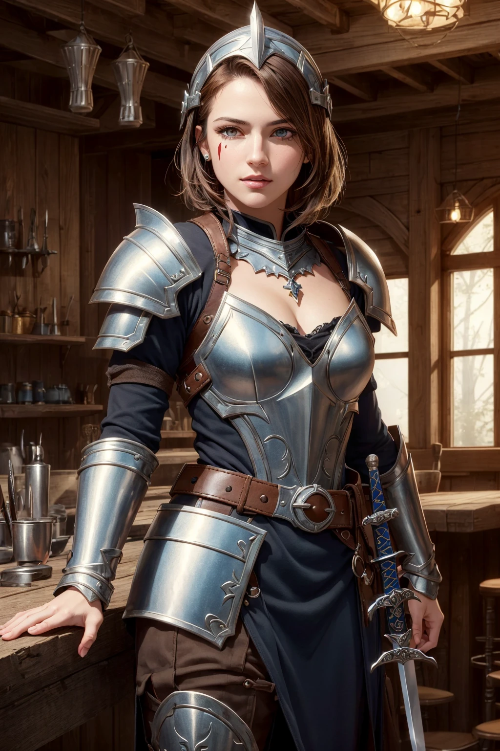 (skindentation:1.5), realistic, photorealistic, (masterpiece:1.5), concept art, intricate details, highly detailed, octane render, 8k, unreal engine, dynamic pose, best quality, highres, ((dramatic)), epic, depth of field, 8k, particles, (realistic face:1.1, hyperrealistic:1.1), ((1girl, close-up, medium breasts, perfect eyes, detailed eyes, high quality eyes, perfect_face, high quality face, shiny skin:1.2, shiny face:1.2, embarrassed, blush:0.8)), server, rustic tavern interior in background, pitcher, sign, jovial fantasy atmosphere, detailed background, blurry wooden bar table as foreground, (((brown hair, amber eyes, perfect hands))), ((warrior, sword, spear, shield, armor, helmet, belt, pouch, boots, gauntlet, cloak, bracers, amulet, greaves, war paint, talisman))