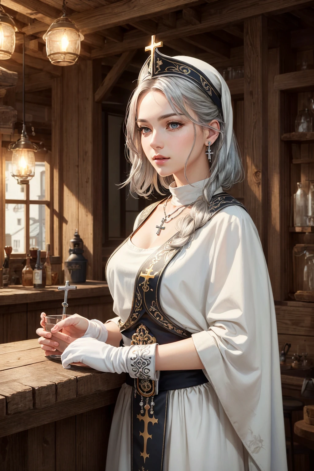 (skindentation:1.5), realistic, photorealistic, (masterpiece:1.5), concept art, intricate details, highly detailed, photorealistic, octane render, 8k, unreal engine, dynamic pose, best quality, highres, ((dramatic)), epic, depth of field, 8k, particles, (realistic face:1.1, hyperrealistic:1.1), ((1girl, close-up, small breasts, perfect eyes, detailed eyes, high quality eyes, perfect_face, high quality face, shiny skin:1.2, shiny face:1.2, embarrassed, blush:0.8)), server, rustic tavern interior in background, pitcher, sign, jovial fantasy atmosphere, detailed background, blurry wooden bar table as foreground, (((silver hair, perfect hands))), ((cleric, priest, high priest, white mitre, cross print on white tabard, elbow gloves, pelvic curtain, earrings, necklace, healing potion, holy symbol, pouch, holding staff))
