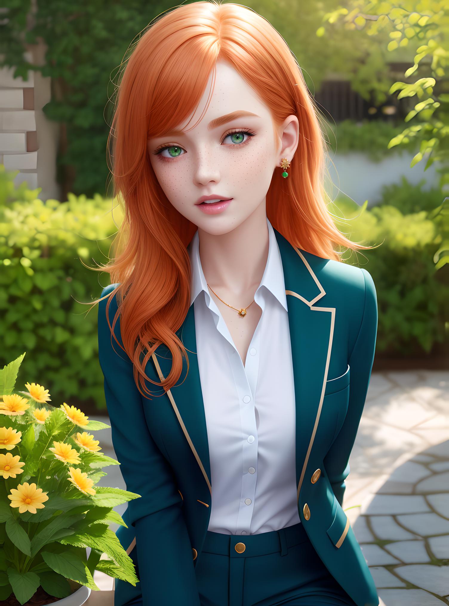 A woman with red hair and green eyes sitting on a bench - SeaArt AI