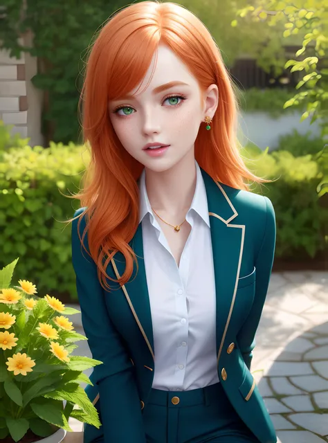ultra detailed cute short ginger girl with  green eyes, long staigt hair, freckles, blue trousers and blazer, (jade earring), extremely beautiful, elegant, ultra realistic, high detailed, 4K, garden, blessed, realistic, photorealistic, fantasy, happy, detailed gold pendant
