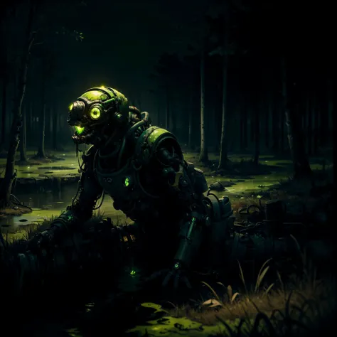 <lora:add_detail:0.4> (Realistic, Photorealistic, masterpiece), (ToxicPunkAI cyborg, glass, glowing green lights:1.2), degradated, deteriorated, dirty, rising from swamp, low angle, dark green color scheme, dark forest, dark marsh background, solo, detailed background, dark cinematic atmosphere, haze, <lora:epi_noiseoffset2:1.4> <lora:ToxicPunkAI:0.5>