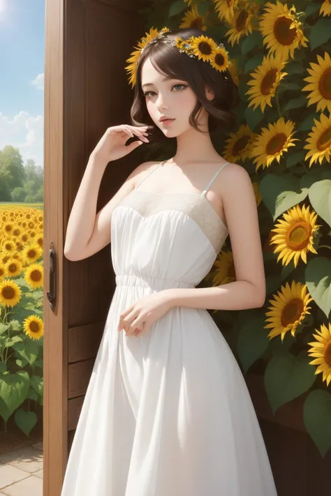 1girl, (fashion art stylized by Monia Merlo:1.3) , romanticism art, mundane Cycles render, Surprising, High exposure of a [Historical|Acclaimed] Irresistible ("Involuntary Cooldown":1.3) , from inside of a Obscene Botanical Garden, desolate blossoms with Sunflower, Clear skies, Sharp and in focus, Zen, Synthetism, Warm lighting, L USM, Polychromatic, silhouette, Embossing, hyperdetailed, professional, woman, photorealism