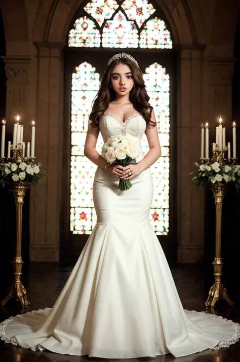 professional analog photo,RAW photo, tv_Alara_MXAI, , , clever expression, wearing an ornate wedding dress, elegant makeup, pink lips, standing by the altar, ornately detailed glass mosaic in the background, ((full body shot)), PA7_Portrait-FL,
BREAK, 8k resolution, highres, high detail, sharp focus, detailed skin, 8k uhd, bokeh, analog photography