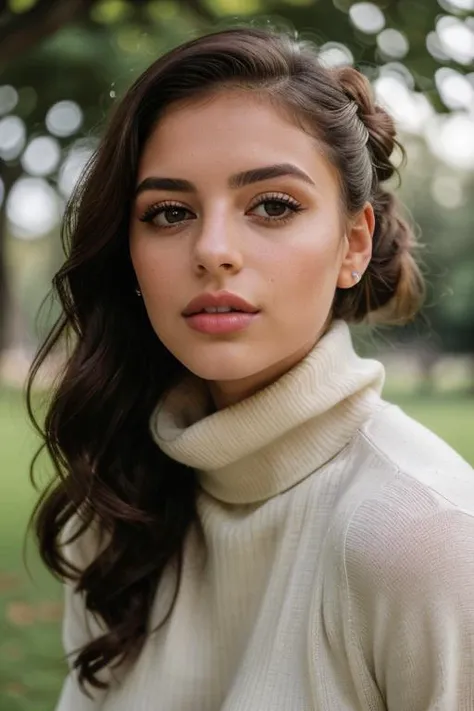 headshot of ,a gorgeous woman,in a (park:1.1),wearing a (turtleneck:1.1),(updo-hair),(4k, RAW photo, best quality, 50mm, depth of field, ultra high res:1.1),(intricate, photorealistic, cinematic-shot, masterpiece, ultra-detailed:1.1), tv_Alara_MXAI