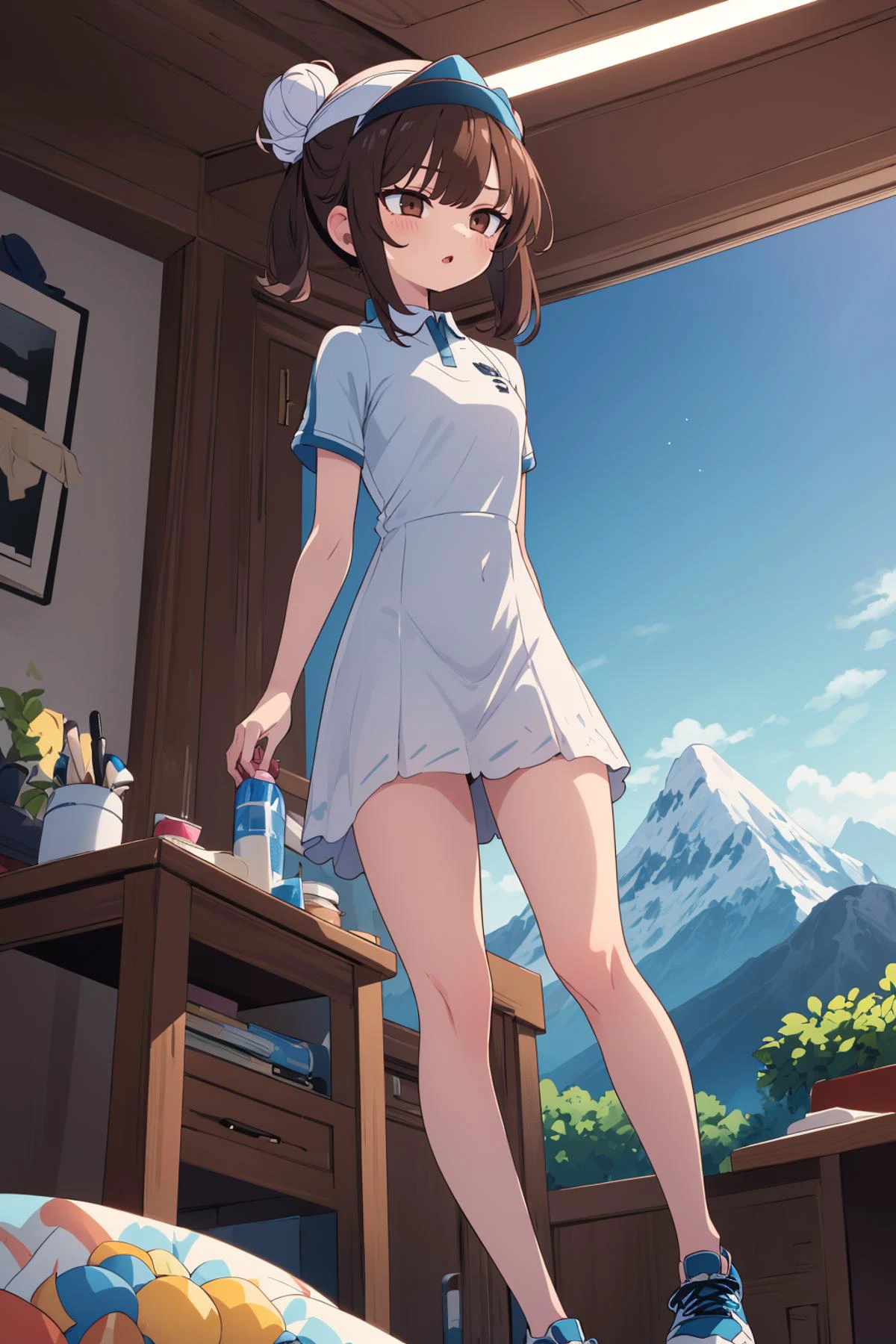 ((masterpiece)), (best quality), official art, extremely detailed CG, unity 8k wallpaper, ultra detailed, cinematic lighting,
1girl, tennis dress, (visor cap:0.8), (mountain:1.2),
from below,
<lora:tennis_dress-1.0:0.8>, Clear and cool, half updo hair, dark brown hair, Adoring,