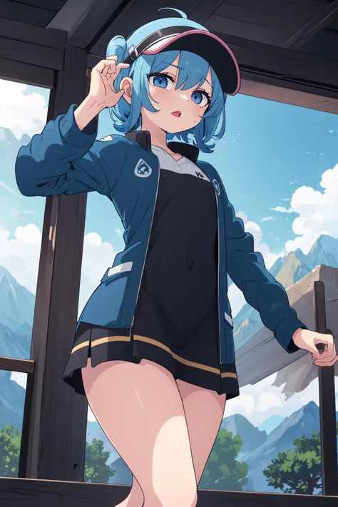 ((masterpiece)), (best quality), official art, extremely detailed CG, unity 8k wallpaper, ultra detailed, cinematic lighting,
1girl, tennis dress, (visor cap:0.8), (mountain:1.2),
from below,
<lora:tennis_dress-1.0:0.8>, Warm, jewfro, blue hair, Relaxed,
