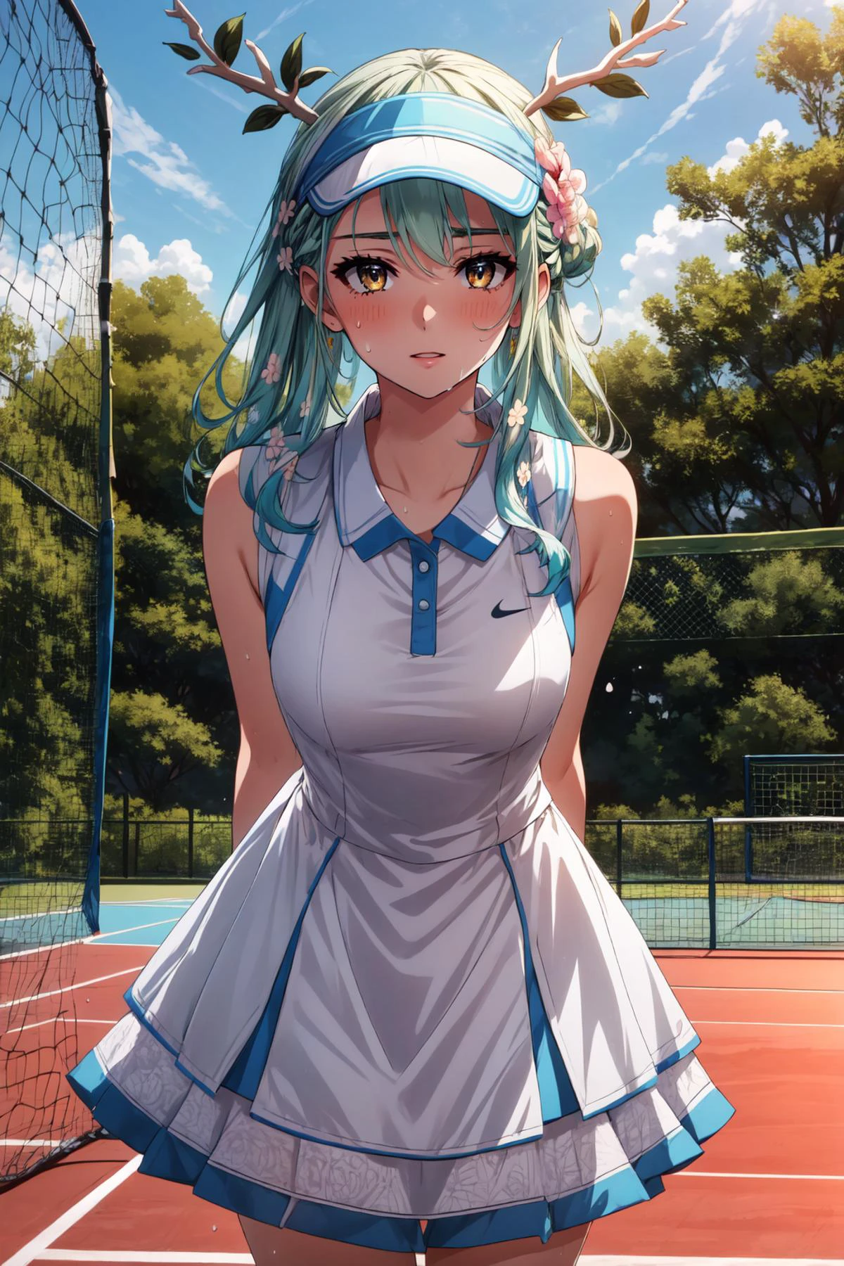(masterpiece, best quality), intricate details,
1girl, <lora:CHAR-CeresFauna:0.8> Ceres Fauna, antlers, long hair, braided bangs, hair flower,
<lora:tennis_dress-1.0:0.8> white tennis dress, leaning forward, sweating, arms behind back, tennis court, tennis net, exercise, visor cap,