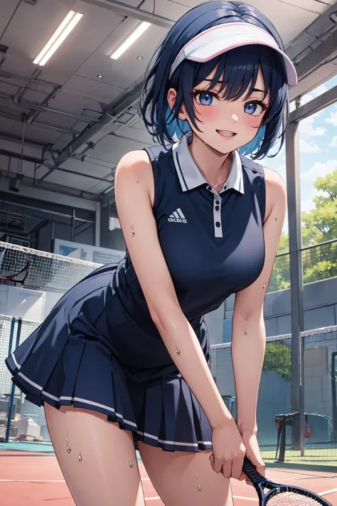 ((masterpiece)), (best quality), official art, extremely detailed CG, unity 8k wallpaper, ultra detailed, highly detailed, detailed background, vivid color, photorealistic, perfect lighting, best illumination,
1girl, tennis dress, big smile, from below, visor cap, leaning forward, sweat, tennis court,
<lora:tennis_dress-1.0:0.8>, Chilly and damp, standard haircut, dark blue hair, Scornful,