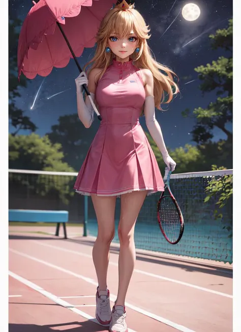 ((best quality)), ((highly detailed)), masterpiece, absurdres, (detailed eyes, deep eyes), (1girl), full body, standing, <lora:hairdetailer:.9>, <lora:ppeach:1>, blonde hair, long hair, blue eyes, crown, earrings, smiling, (pink dress), white elbow gloves, holding umbrella, pink umbrella, (on a tennis court, <lora:tennis_dress-1.0:.8>, (tennis dress), visor cap, sportswear, (sweat), tennis ball, midnight, night sky, stars, full moon, shooting star)
