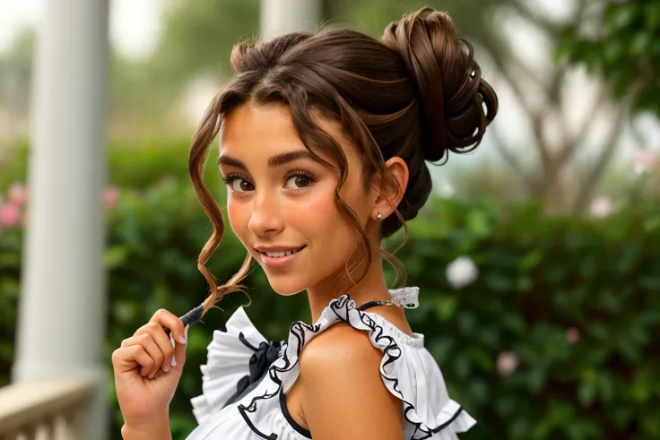 (nouveau style, ornamental, nature, highly detailed, Mucha style:1.15), close range <lora:sd15_AdrianaCallori_v2:.9> AdrianaCallori, focus on smiling face, wearing a tennis dress <lora:tennis_dress-1.0:0.8> , her hair is styled as Curly Twisted Updo,