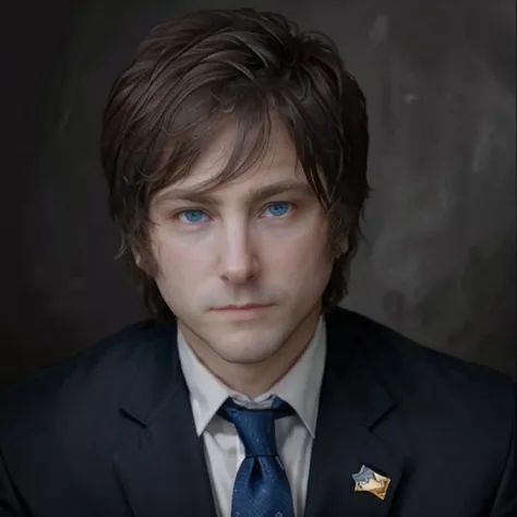 1man, blue eyes, portrait, solid background, libertarian flag <lora:javiermileilora:1>