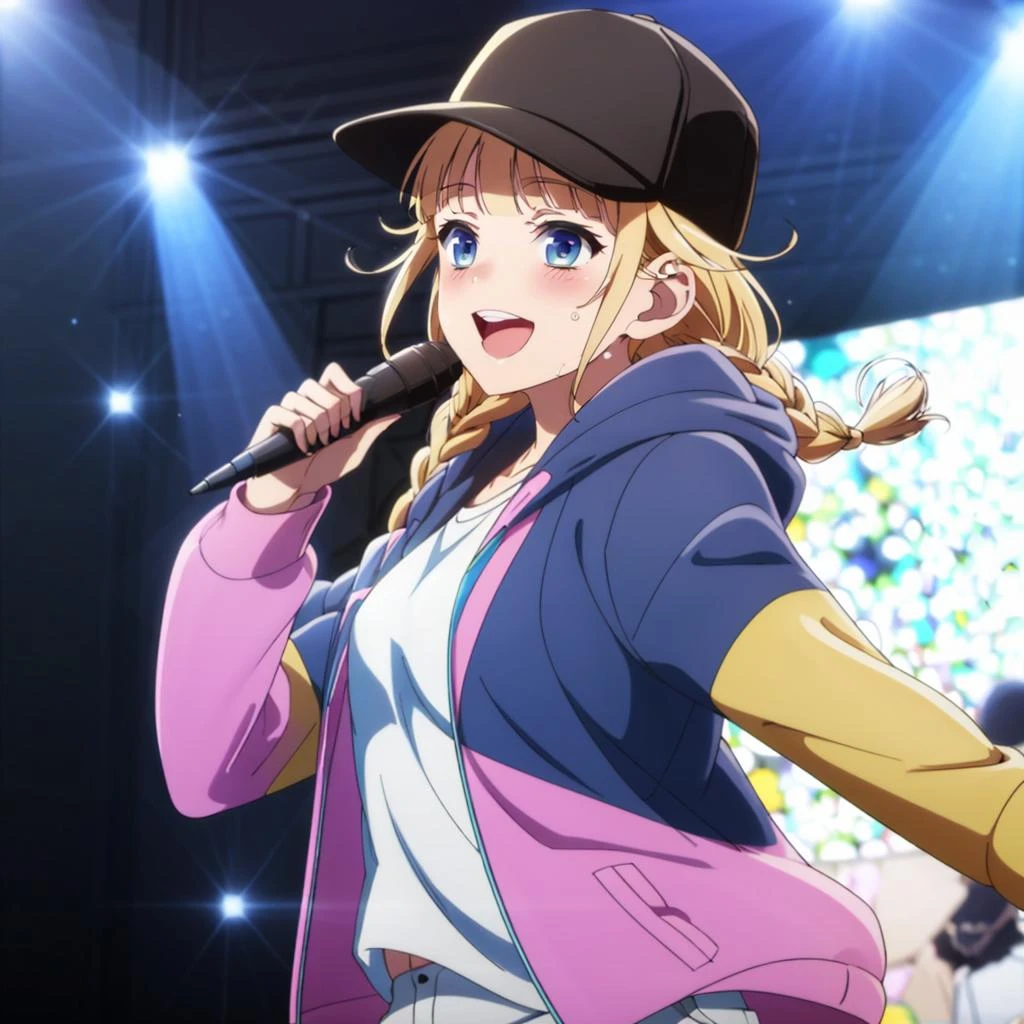 masterpiece,high quality,solo,
<lora:eiko001:0.7>,looking back,smile,open mouth,
twin braids,
baseball cap,
hoodie,open clothes,white shirt,
shorts,
singing,music,microphone,sweat,blush,holding microphone,
concert,stage,stage lights,