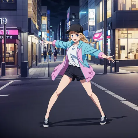 masterpiece,high quality,solo,
<lora:eiko001:0.7>,looking at viewer,open mouth,
eiko,1girl,
twin braids,
baseball cap,
hoodie,open clothes,white shirt,
city,night,
full body,dancing,