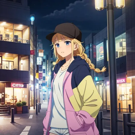 masterpiece,high quality,solo,
<lora:eiko001:0.7>,
eiko,1girl,
twin braids,
baseball cap,
hoodie,open clothes,white shirt,
shorts,
city,night,