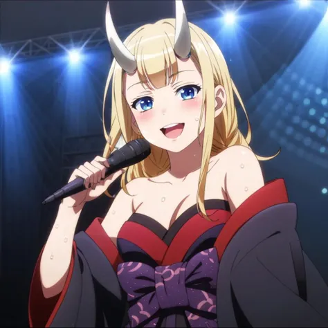 masterpiece,high quality,solo,
<lora:eiko001:0.7>,looking at viewer,smile,open mouth,
eiko,1girl,
oni horns,
kimono,bare shoulders,
singing,music,microphone,sweat,blush,holding microphone,
concert,stage,stage lights,