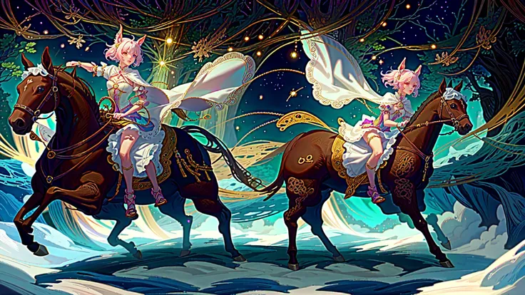 (worldoflace:1.3), 1girl, magical girl, (riding horse:1.1), (forest:1.2), (best quality, masterpiece:1.5), detailed <lora:WorldofLace:1> <lyco:GoodHands-beta2:1.0>