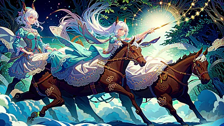 (worldoflace:1.3), 1girl, magical girl, (riding horse:1.1), (forest:1.2), (best quality, masterpiece:1.5), detailed <lora:WorldofLace:1> <lyco:GoodHands-beta2:1.0>