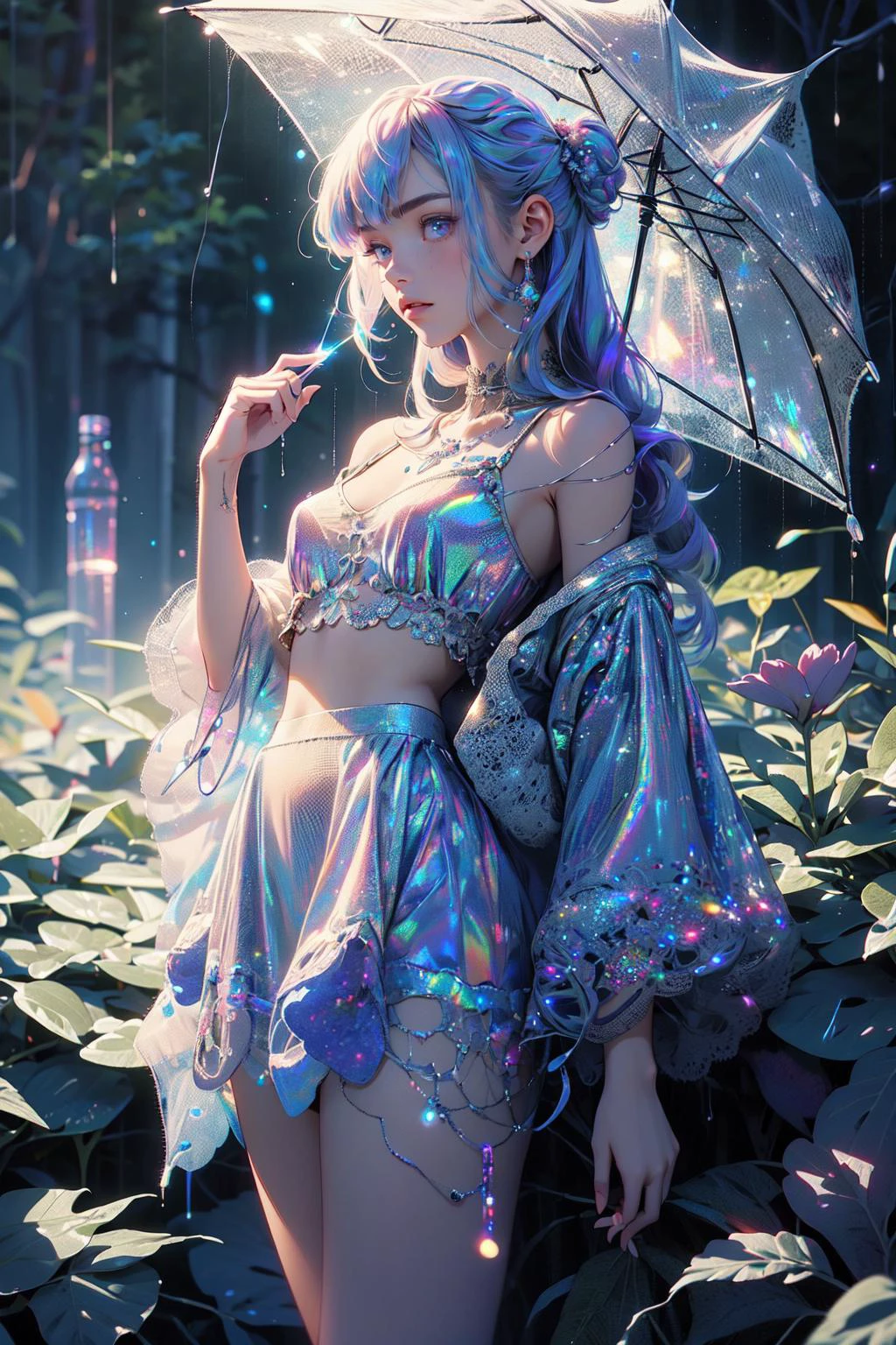 1girl,rain,<lora:AIWorldofLace:1>,worldoflace,<lora:Clothholov7:0.3>, holographic,holographic clothing,