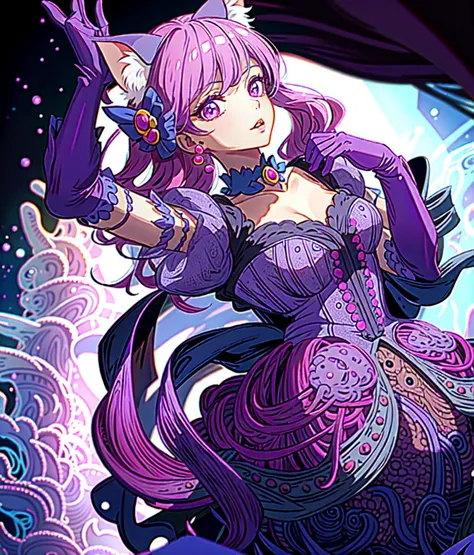 (worldoflace:1.3), 1girl, (best quality, masterpiece:1.5), detailed <lora:WorldofLace:1> <lyco:GoodHands-beta2:1.0> BREAK (cure macaron:1.3) <lyco:locon_cure_macaron:1.0>, cat ears, purple thigh boots, macaron hair ornament, puffy short sleeves, elbow gloves, purple choker