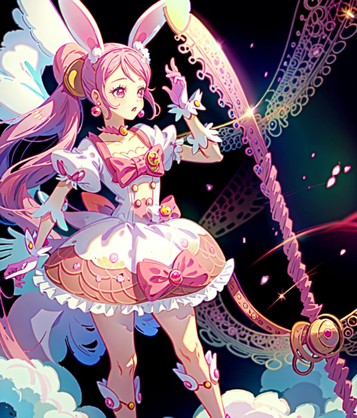 (worldoflace:1.3), 1girl, (best quality, masterpiece:1.5), detailed <lora:WorldofLace:1> <lyco:GoodHands-beta2:1.0> BREAK (cure whip:1.3) <lyco:locon_cure_whip_1_1:1.0>, twintails, pink dress, hair ornament, white gloves, pom pom earrings, pink choker, red boots