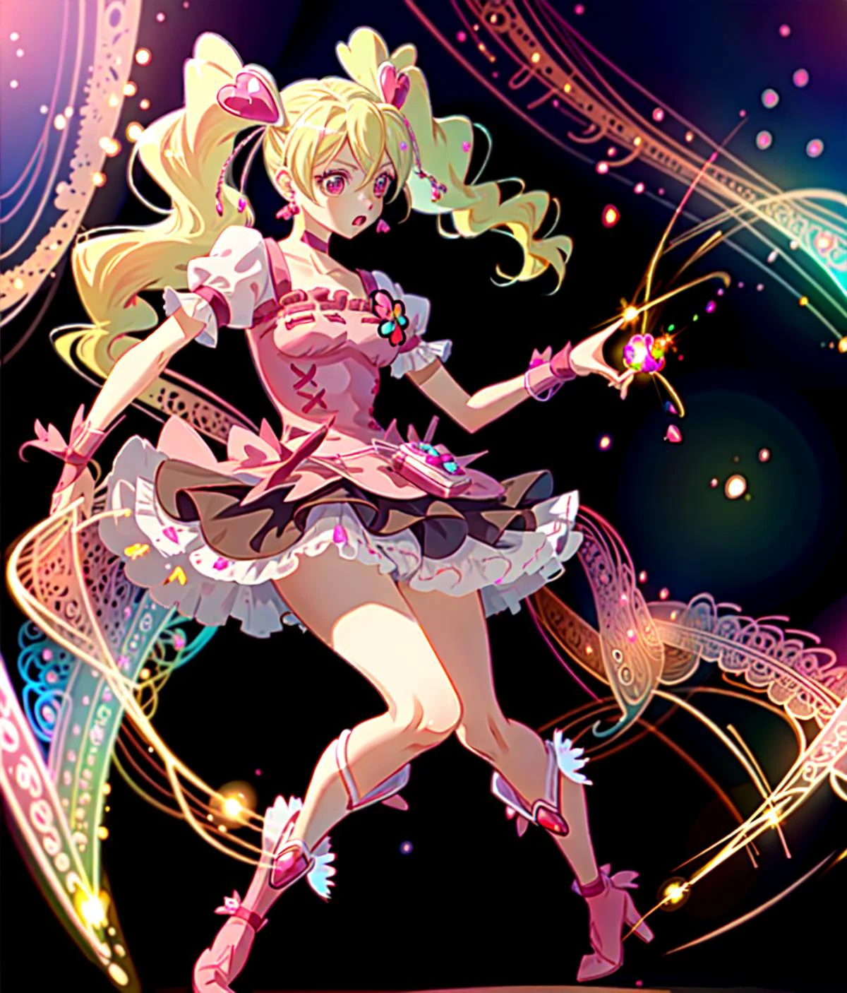 (worldoflace:1.3), 1girl, (best quality, masterpiece:1.5), detailed <lora:WorldofLace:1> <lyco:GoodHands-beta2:1.0> BREAK (cure peach:1.3) <lyco:locon_cure_peach:1.0>, twintails, puffy short sleeves, ribbon choker, pink boots, earrings