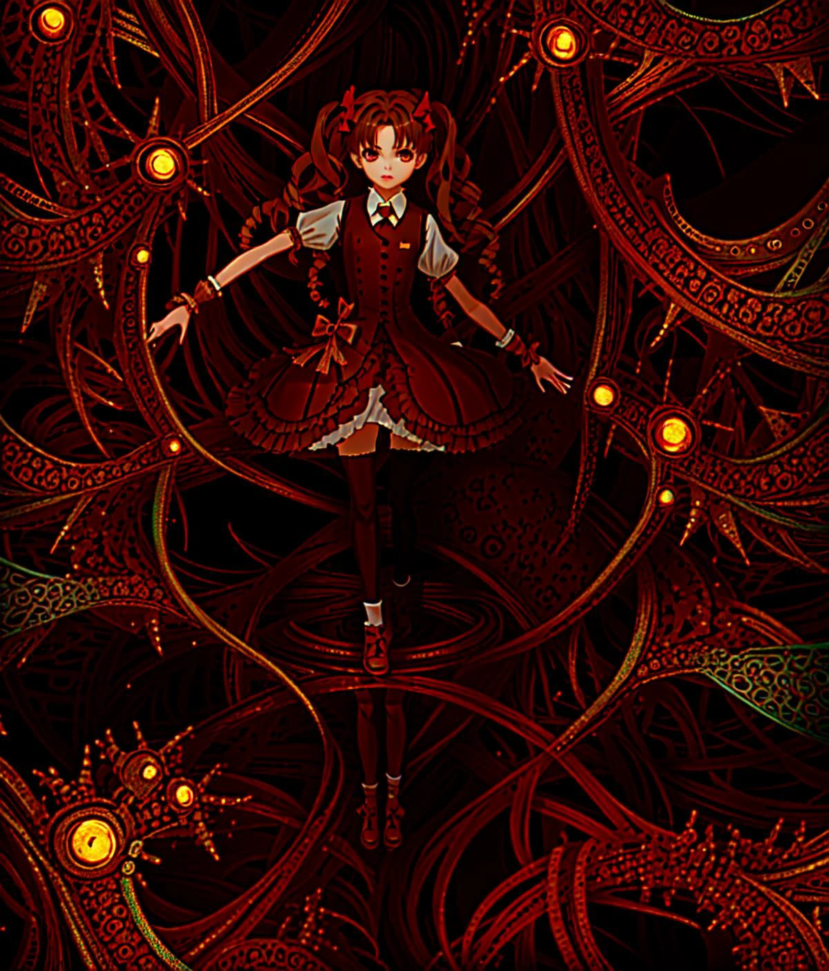 (worldoflace:1.3), 1girl, (best quality, masterpiece:1.5), detailed <lora:WorldofLace:1> <lyco:GoodHands-beta2:1.0> BREAK (kuroko shirai:1.3) <lyco:kurokoshirai-lyco-nochekaiser:1.0>, brown hair, long hair, (parted bangs:1.5), (brown eyes:1.7), ringlets, twintails, hair bow, bow, red bow,