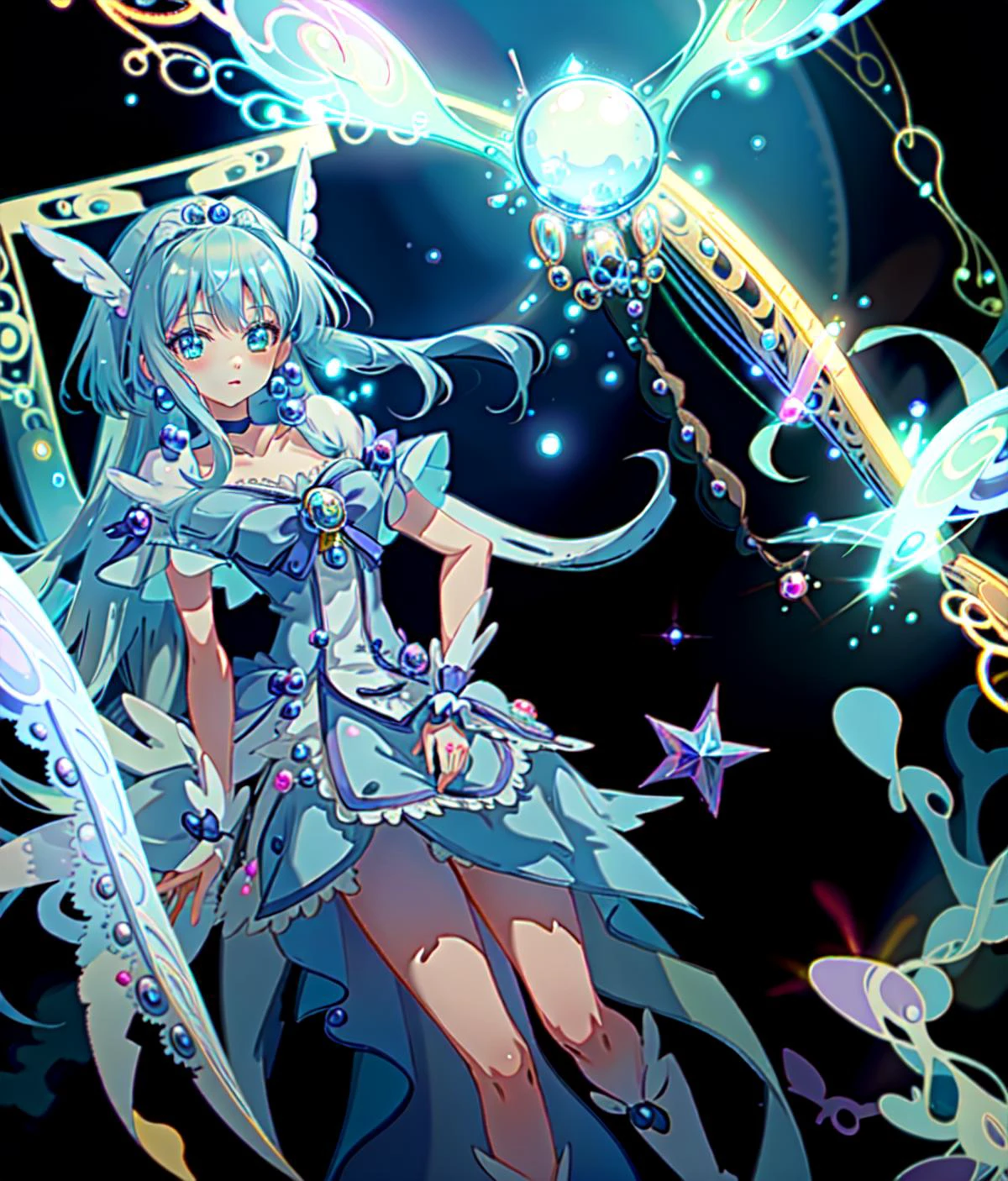 (worldoflace:1.3), 1girl, (best quality, masterpiece:1.5), detailed <lora:WorldofLace:1> <lyco:GoodHands-beta2:1.0> BREAK (Cure Beauty:1.3) <lora:CureBeauty:1>, blue dress, chest pearl, small head wings, headdress, magical girl, blue hair, long hair