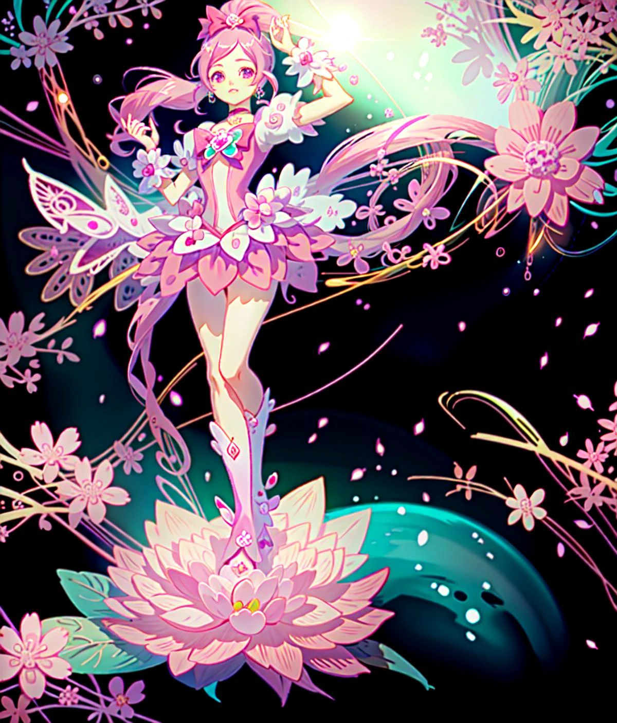 (worldoflace:1.3), 1girl, (best quality, masterpiece:1.5), detailed <lora:WorldofLace:1> <lyco:GoodHands-beta2:1.0> BREAK (cure blossom:1.3) <lyco:locon_cure_blossom_v1:1.0>, long ponytail, hair ribbon, wrist cuffs, gem, flower earrings, boots, choker, shorts under skirt, pink shorts