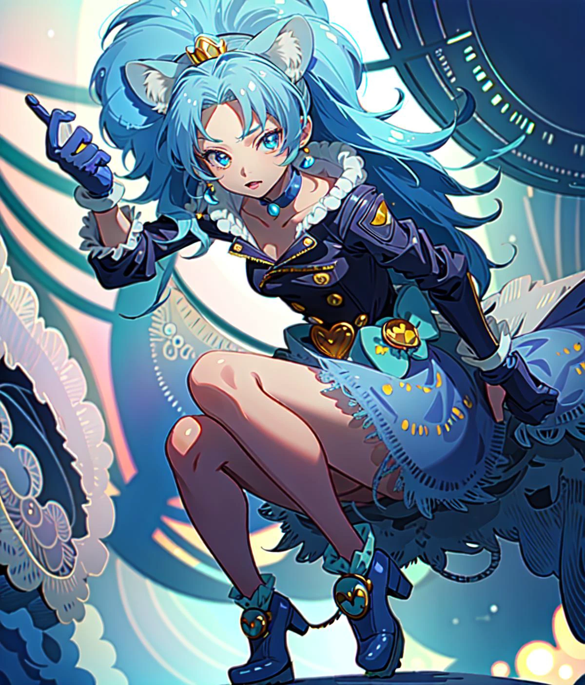 (worldoflace:1.3), 1girl, (best quality, masterpiece:1.5), detailed <lora:WorldofLace:1> <lyco:GoodHands-beta2:1.0> BREAK (cure gelato:1.3) <lyco:locon_cure_gelato_1:1.0>, lion girl, blue hair, mini crown, single thighhigh, blue gloves, tail, bubble skirt, blue boots, fur trim