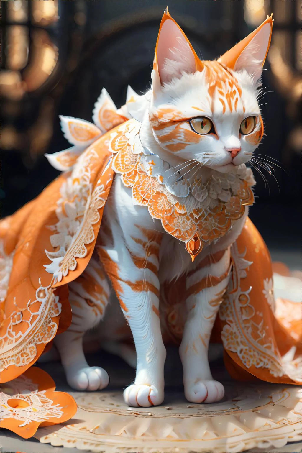 <lora:lace:0.6>, worldoflace, lace, orange and white cat, intricate details || masterpiece, perfect quality, sharp focus, shallow depth of field, 8k