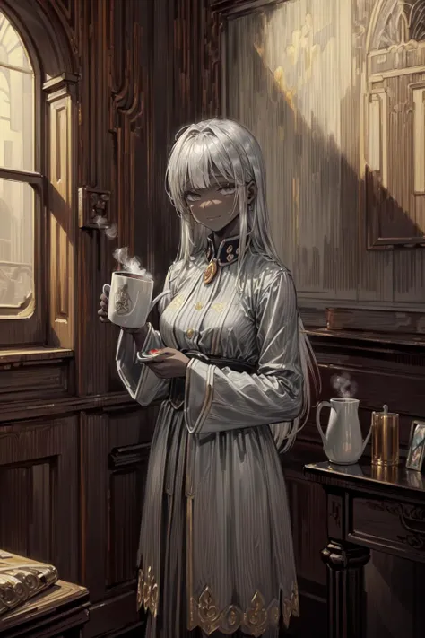 (stripe art:,soft strokes,:.3),(best art, master piece, best quality,good light,illustration,solo:1.3),(dark gray skin, silver gray long hair, droopy eyes, holding a mug's handle with hot chocolate ,a perfect detail white mug:1.2)steam, train theme, silver theme, bronze theme, gold theme,1girl,solo,underage,solo, small breasts ,poker face, an unnoticeable smile, perfect detail hands, perfect detail fingers,<lora:add_detail:0.96> <lora:eye_opening_v2.0:0.45> <lora:charon-10:0.429><lora:fixHand2lora:0.39> <lora:GoodHands-beta2:0.2>
