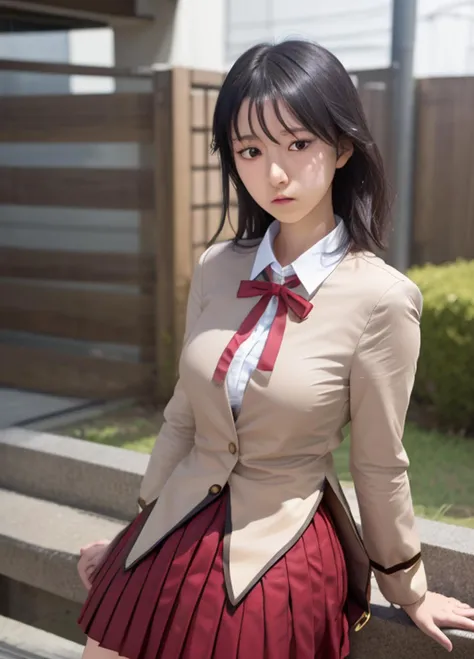 <lora:schoolrumble_tsukamoto-10:0.9> 1girl, tsukamoto yakumo, expressionless, closed mouth, looking at viewer, school uniform, ribbon, pleated skirt