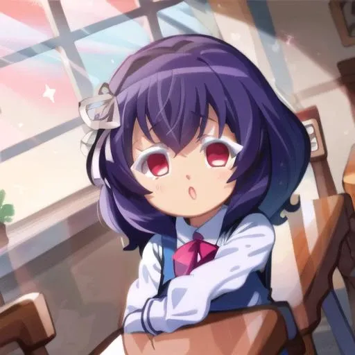 <lora:cookierun_gachasplash:1> <lora:Kizuki - Seikon no Qwaser - Yamanobe Tomo - Alternative:1> yamanobe tomo, purple hair, red eyes, medium hair, school uniform, hairband