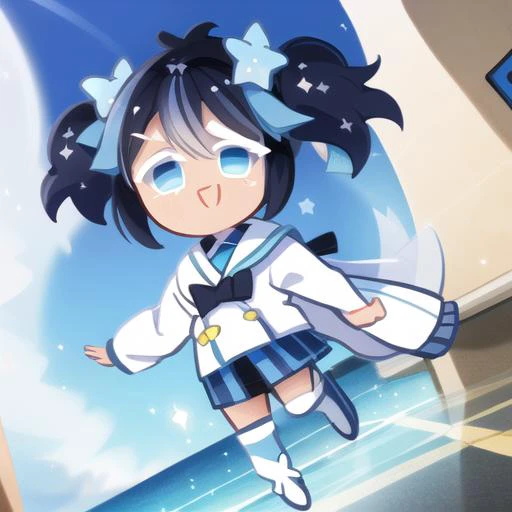 <lora:cookierun_gachasplash:1> Shio, short twin tails, dark blue hair, sky blue eyes, solo, happy <lora:sugarlifeshio01:1>