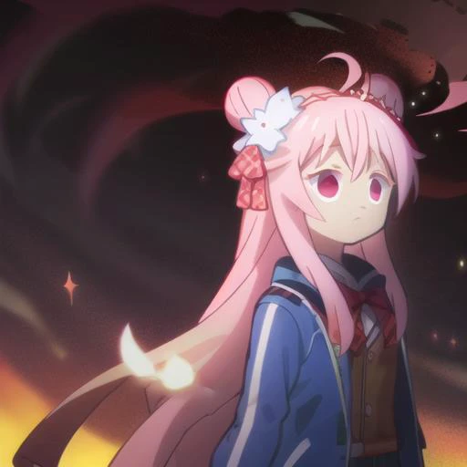 <lora:cookierun_gachasplash:1> <lora:sugarlife03:.9> Satou, long pink hair, hair buns, emotionless, red eyes, blue jacket costume