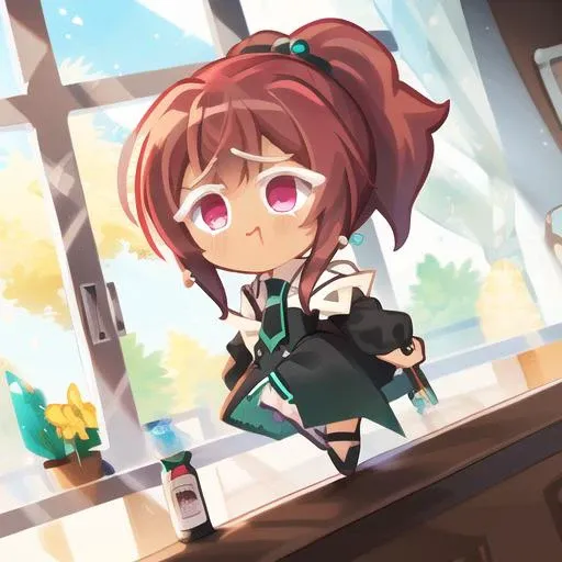 <lora:cookierun_gachasplash:1> <lora:Kizuki - Strawberry Panic - Nagisa Aoi:.7> aoi nagisa, brown hair, short hair, ponytail, hair bobbles, red eyes, black dress, long sleeve black dress with puffed shoulders, schooloutfit1, green necktie