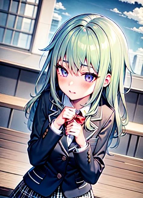 masterpiece, 1girl, solo, dynamic angle:1.2), blush, best quality, detailed eyes, finely detailed, illustration, (intricate details), nene_kusanagi, project_sekai, neneschool, highres <lora:newnene-000003:0.68>