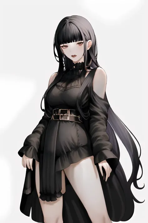 <lora:LoghrifGaiaFFXIV:1> hyur, 1girl, solo, black hair, long hair, dress, white background, bangs, simple background, black dress, bare shoulders, gothic, mole under mouth, thighhighs, blunt bangs