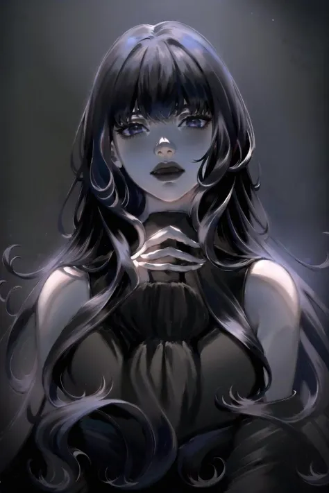 <lora:LoghrifGaiaFFXIV:1> solo, 1girl, capelet, dark, long hair, blue hair, blunt bangs, crystal, bangs, black hair, black eyes, upper body, spikes, hooded capelet, gem, black theme, black capelet, glowing,dynamic angle,