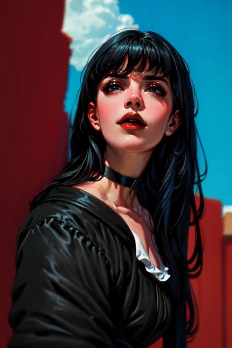 <lyco:LoghrifGaiaFFXIV:.7>1girl, black hair, hyur, solo, long hair, blue eyes, choker, bangs, black choker, lips, sky, outdoors, wide shot, dynamic angle,<lora:more_details:0.6>