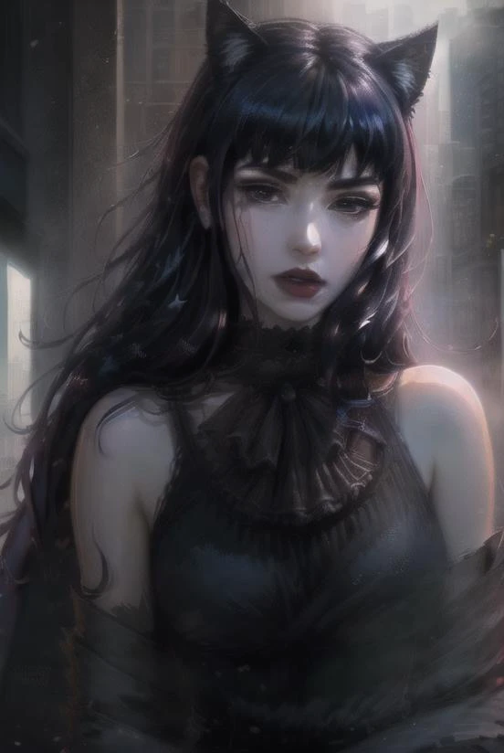 (waist shot:1), (masterpiece, best quality:1.2),  beautiful girl ( gaia:1.2), dark blue hair, (black eyes), ( black dress :1),  (1girl:1.2), looking at viewer,  slight smile, open mouth,
 highly detailed impressionist painting, anime style, 8k, detailed face, (in a city:1.2),from front,  (cat ears:1.2),
(cinematic:1), hyperdetailed, insane details, intricate details, accent lighting, soft volumetric light, (dramatic light:1), (neutral colors:1), cross process <lora:FFXIVLoghrifGAIA_1:1>