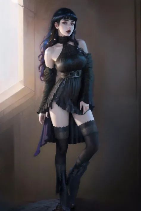 (full body:1), (masterpiece, best quality:1.2),  beautiful girl ( gaia:1.2), dark blue hair, (black eyes), (black victorian dress, pleated skirt, lace thighhighs,  bare shoulders, large sleeves :1),  (1girl:1.2), looking at viewer,  slight smile, open mouth, dabbing
highly detailed digital painting, anime style, 8k, detailed face,from front, 
(cinematic:1), hyperdetailed, insane details, intricate details, (neutral colors:1) <lora:FFXIVLoghrifGAIA_1:1>