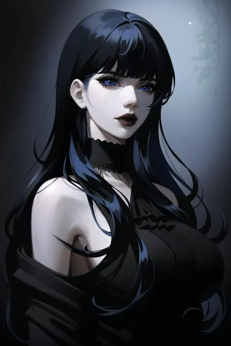 <lora:LoghrifGaiaFFXIV:.7> 1girl, solo, blue eyes,blue hair, bangs, parted lips, long hair,  black hair, eyelashes, gothic, cyberpunk elements, dynamic angle, best illustration,